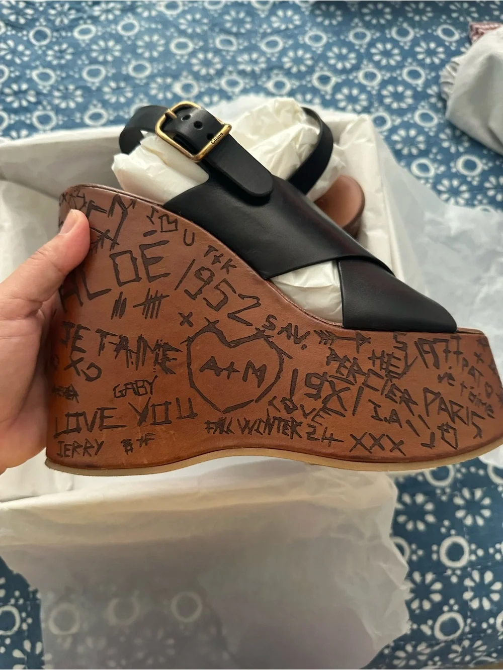 Chloe Black Leather Crisscross Sandals with Branded Wedge Platform